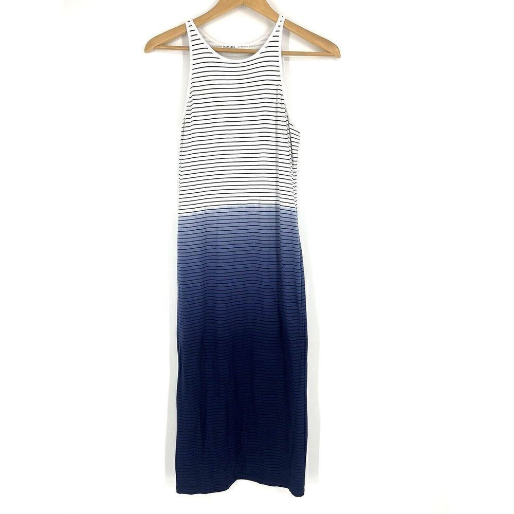 Athleta Dress Size Small Blue White Sunkissed Stripe Midi Ombre Stretch Sheath